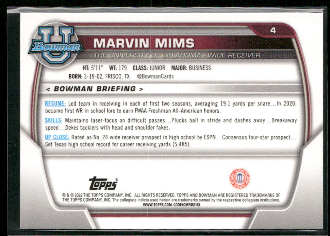 Marvin Mims 2022 Bowman University Chrome Refractor #4 Oklahoma Sooners
