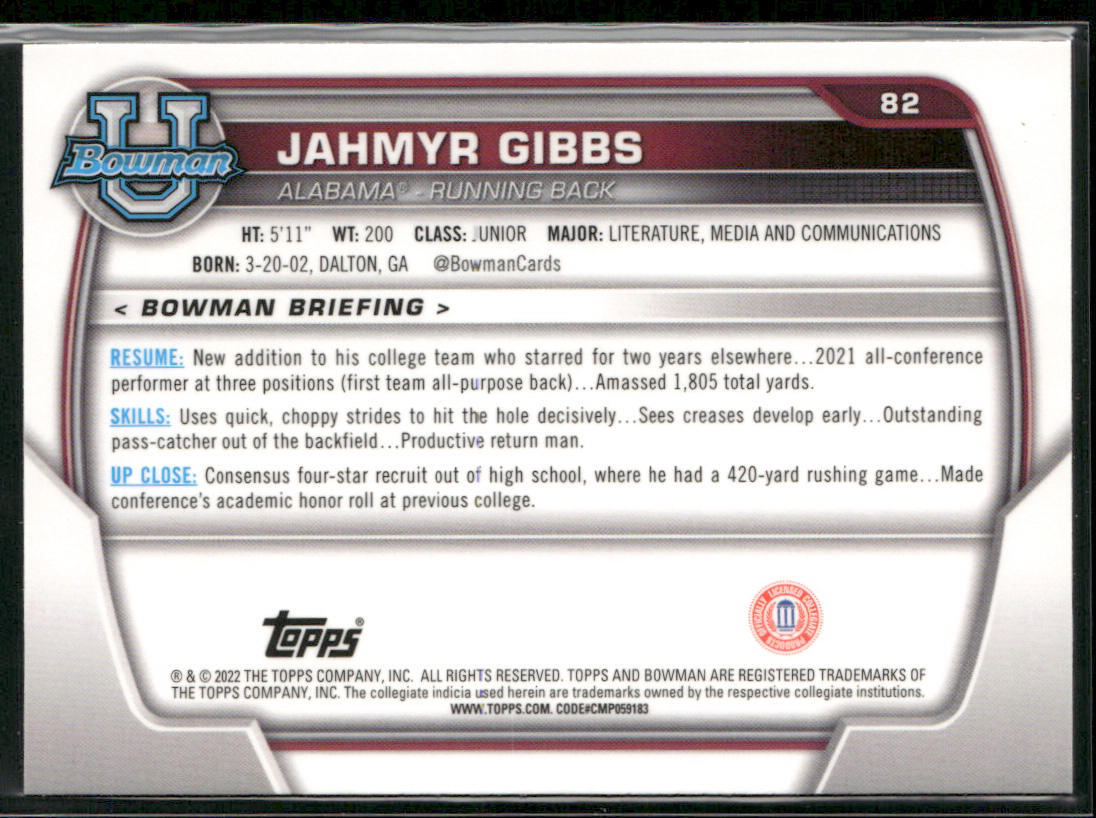 Jahmyr Gibbs 2022 Bowman University Chrome #82 Alabama Crimson Tide