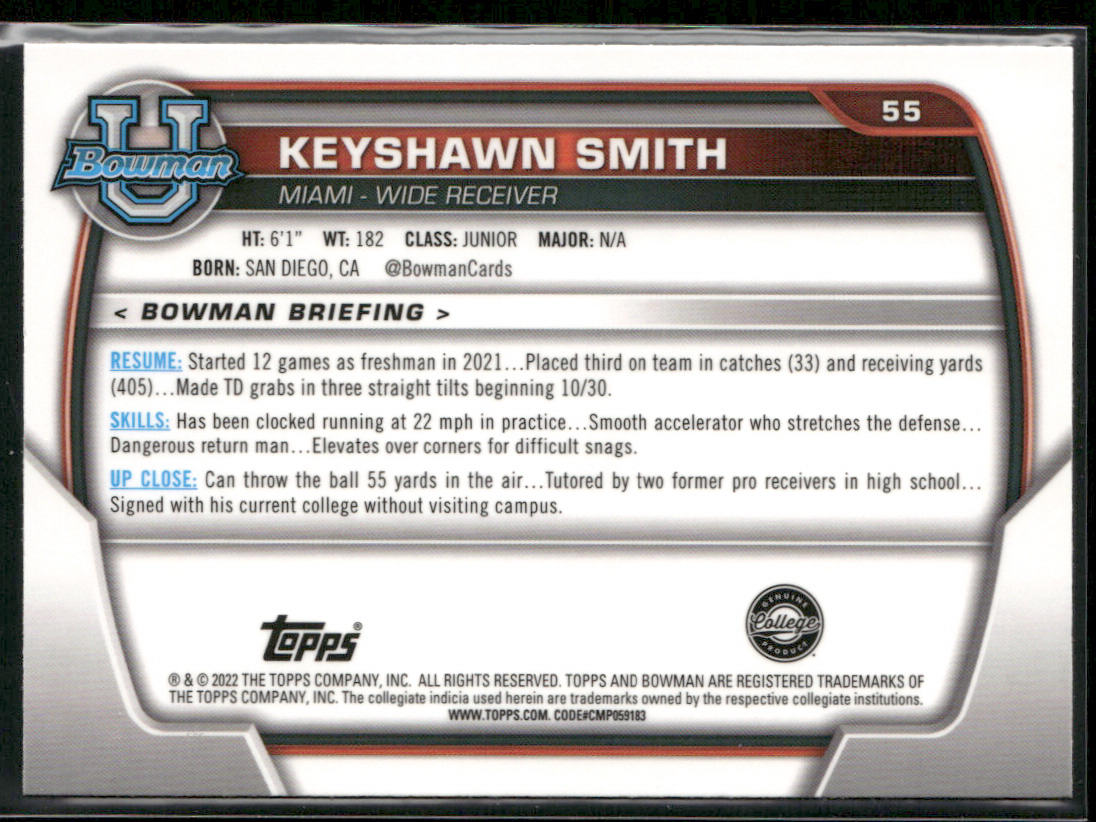 Keyshawn Smith 2022 Bowman University Chrome Pink Refractor #55 Miami Hurricanes