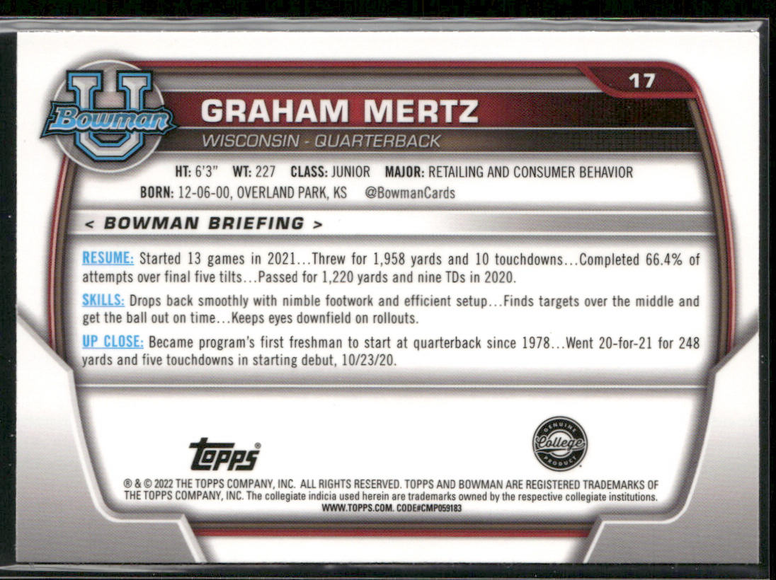 Graham Mertz 2022 Bowman University Chrome #17 Wisconsin Badgers