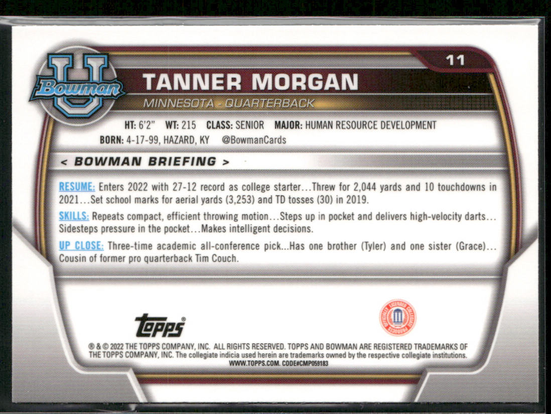 Tanner Morgan 2022 Bowman University Chrome #11 Minnesota Golden Gophers