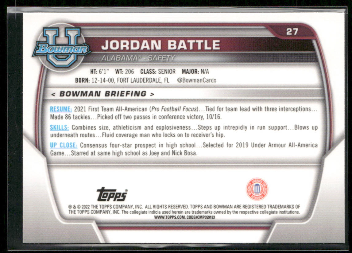 Jordan Battle 2022 Bowman University Chrome #27 Alabama Crimson Tide