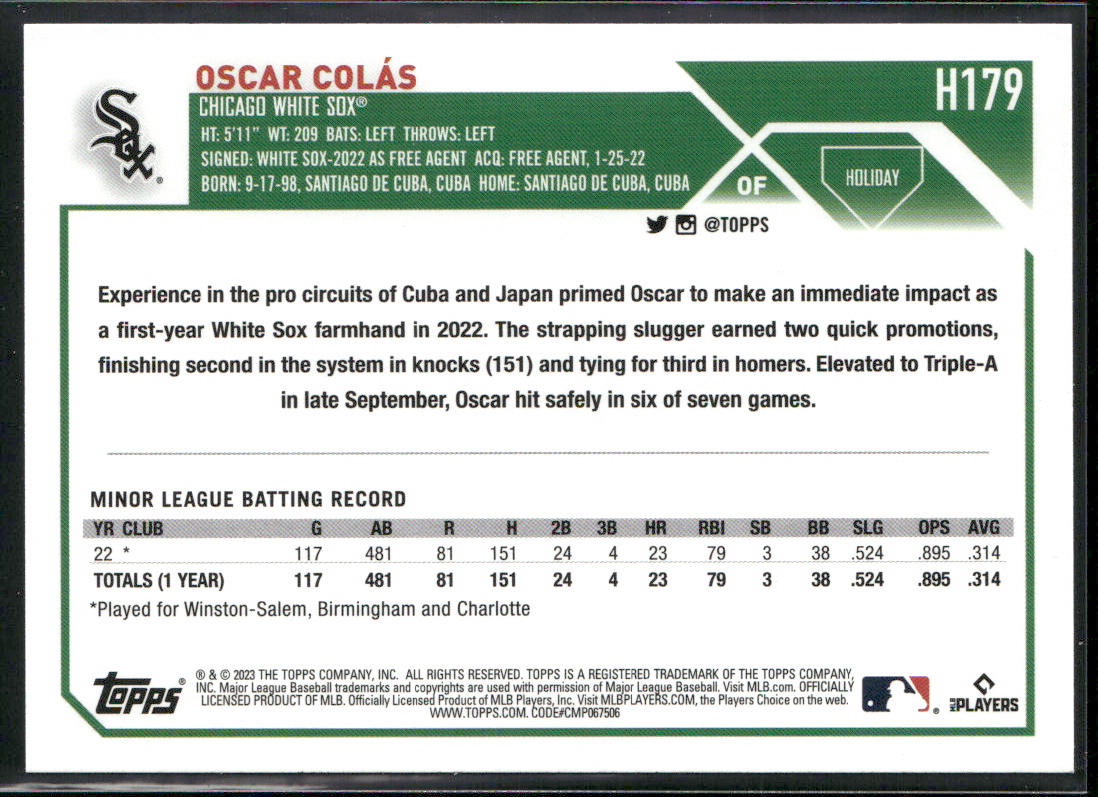 Oscar Colás 2023 Topps Holiday #H179 RC Chicago White Sox