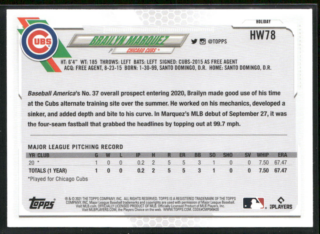 Brailyn Marquez 2021 Topps Holiday #HW78 RC Chicago Cubs