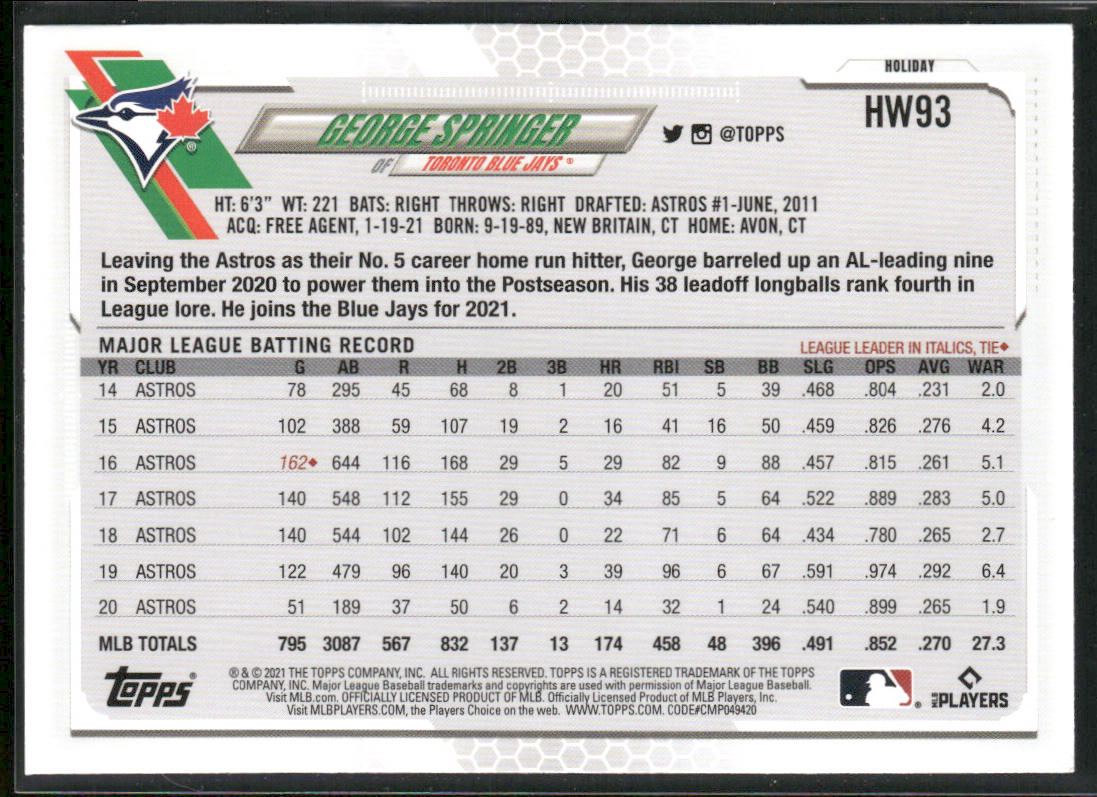 George Springer 2021 Topps Holiday #HW93 Toronto Blue Jays back