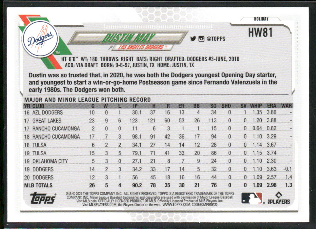 Dustin May 2021 Topps Holiday #HW81 Los Angeles Dodgers