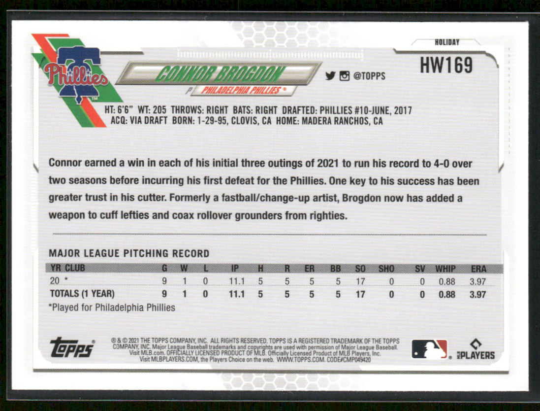 Connor Brogdon 2021 Topps Holiday #HW169 RC Philadelphia Phillies