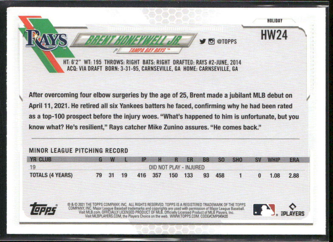 Brent Honeywell Jr. 2021 Topps Holiday #HW24 RC Tampa Bay Rays