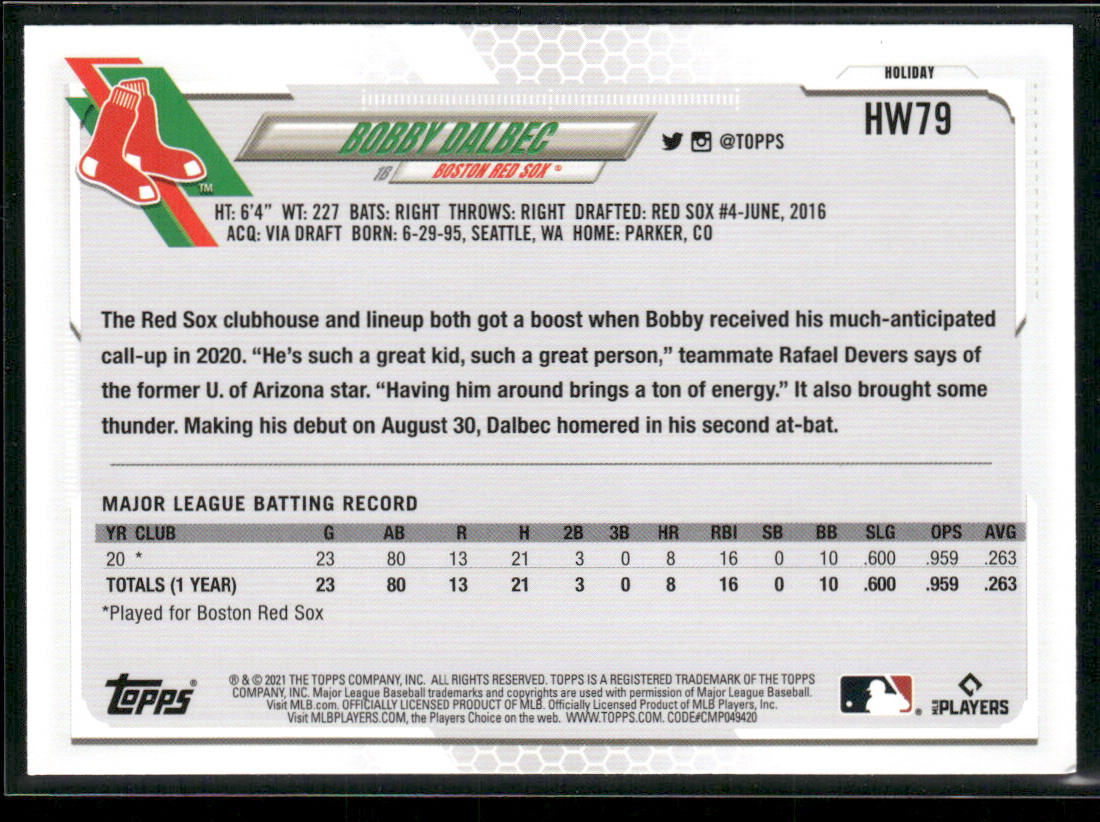 Bobby Dalbec 2021 Topps Holiday #HW79 RC Boston Red Sox