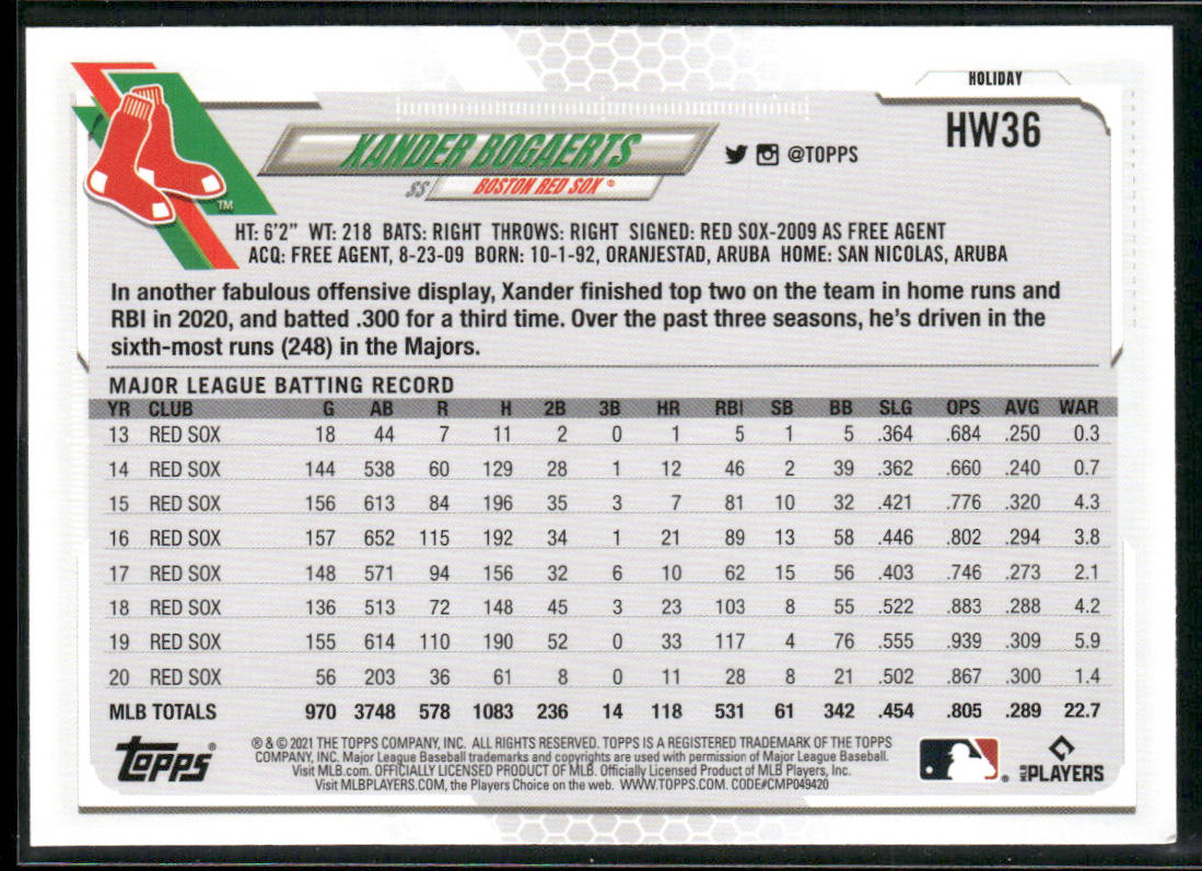 Xander Bogaerts 2021 Topps Holiday #HW36 Boston Red Sox