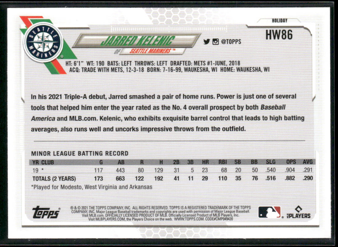 Jarred Kelenic 2021 Topps Holiday #HW86 RC Seattle Mariners