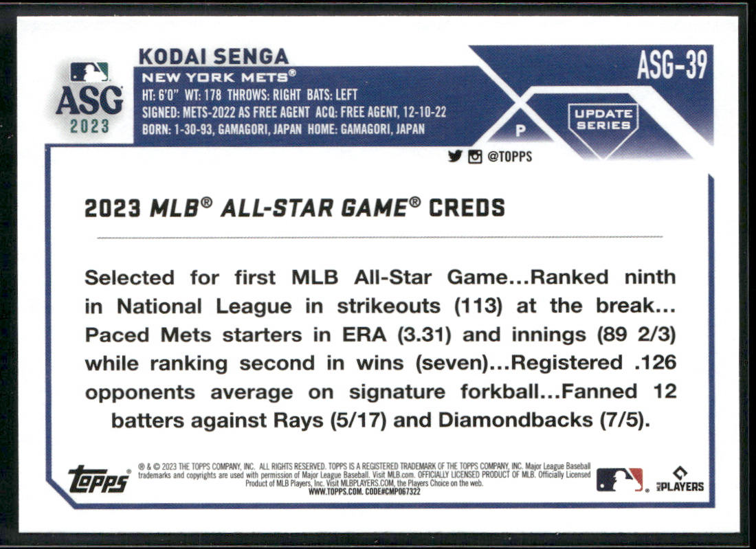 Kodai Senga 2023 Topps Update 2023 All-Star Game #ASG-39 New York Mets