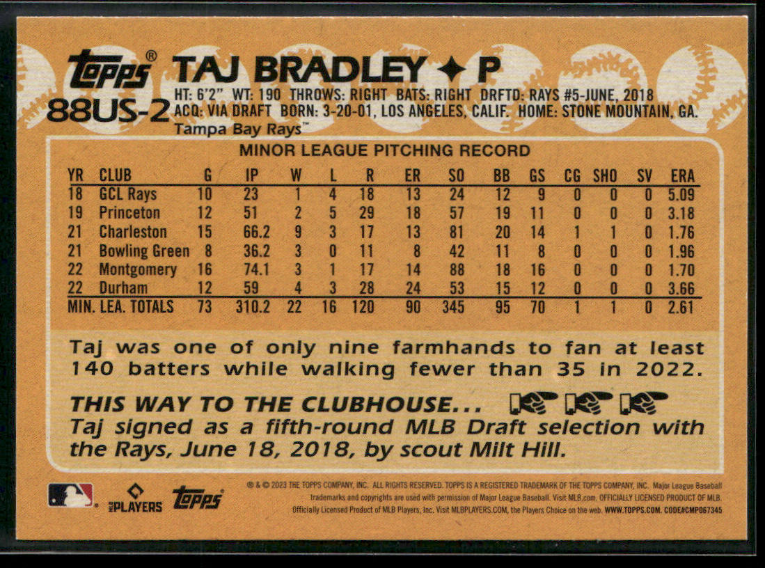 Taj Bradley 2023 Topps Update 1988 Topps Baseball 35th Anniversary #88US-2 Rays