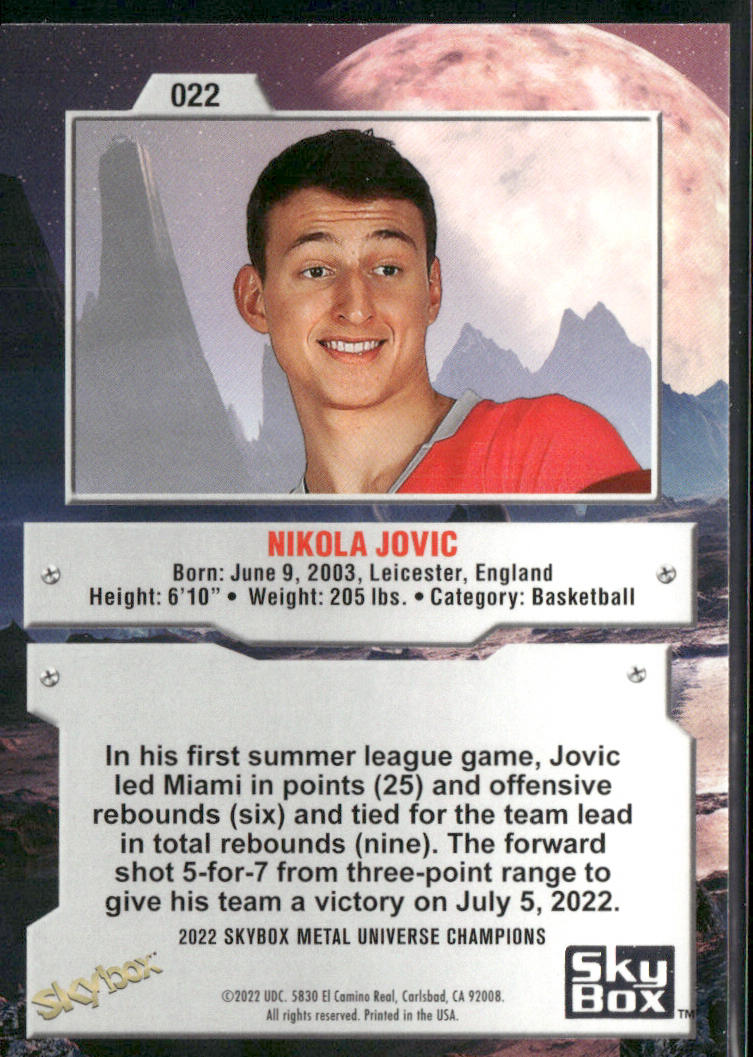 Nikola Jovic 2022 SkyBox Metal Universe Champions #022 back
