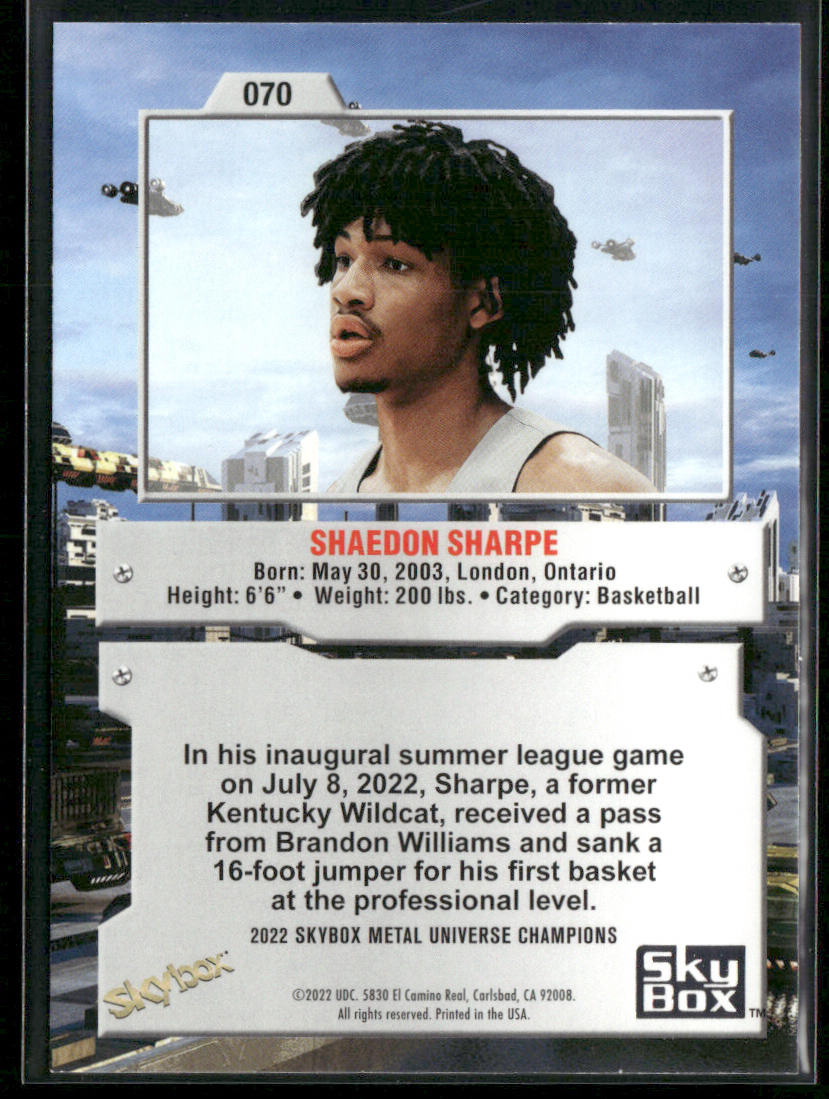 Shaedon Sharpe 2022 SkyBox Metal Universe Champions #070 back