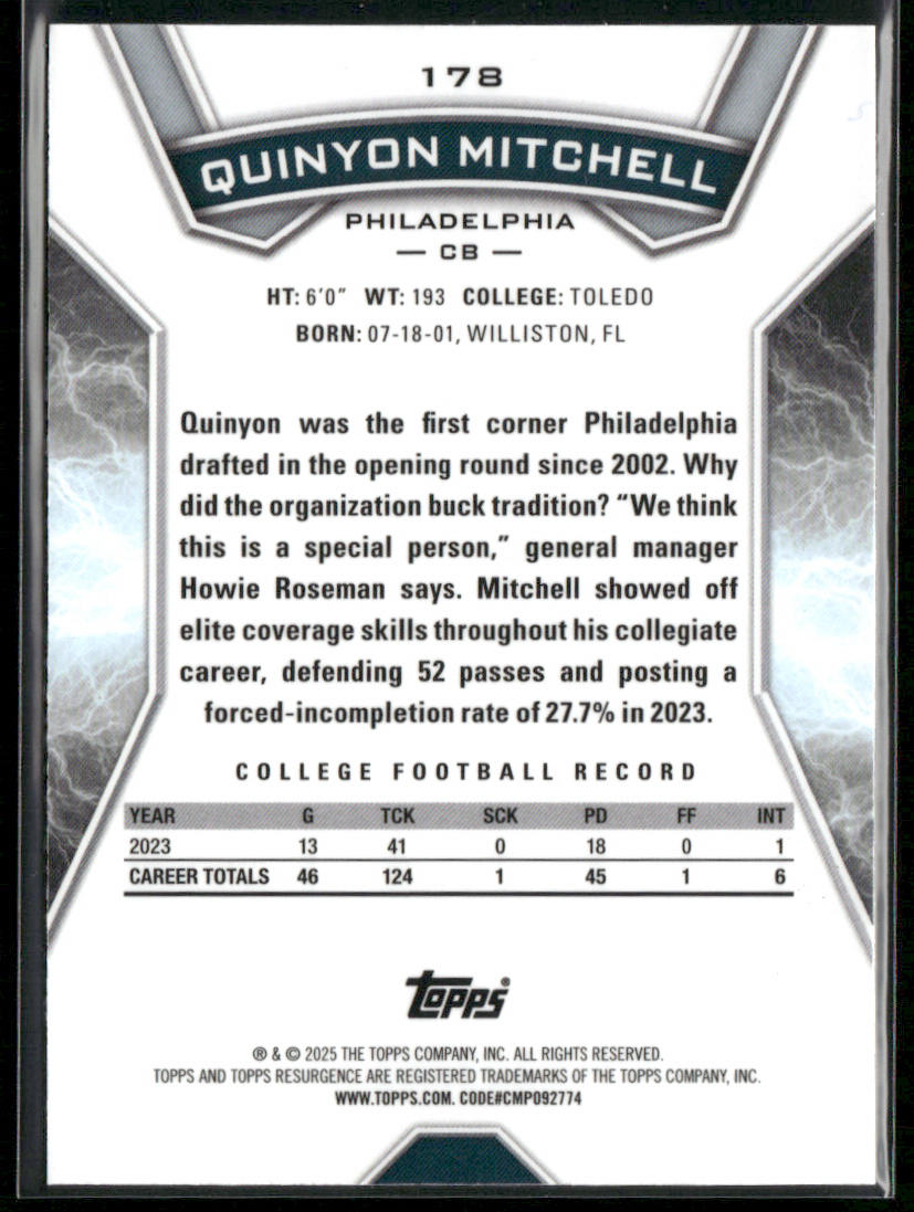 Quinyon Mitchell 2024 Topps Resurgence Sky Blue & Pink Shock #178 RC Eagles