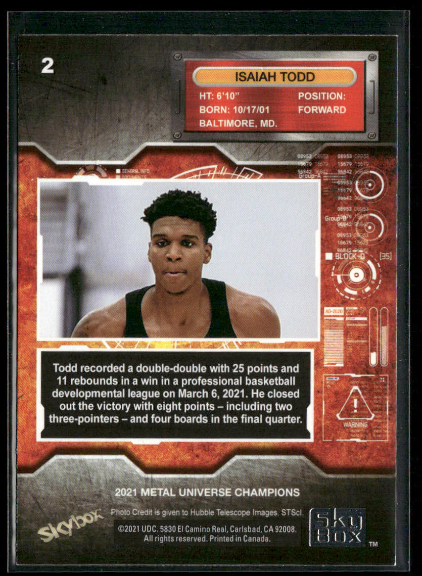 Isaiah Todd 2021 SkyBox Metal Universe Champions #2 back