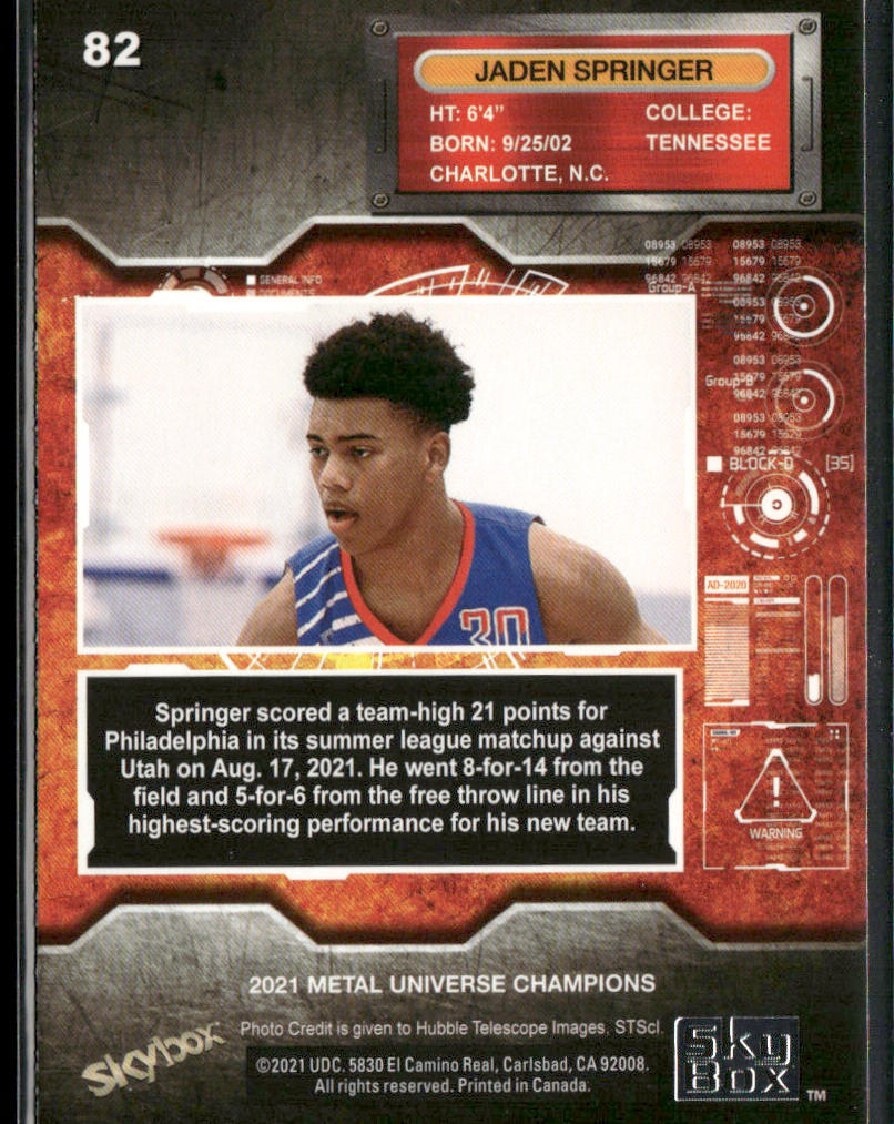 Jaden Springer 2021 SkyBox Metal Universe Champions #82 back