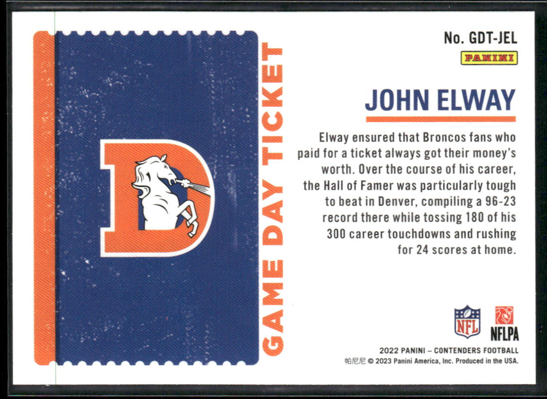 John Elway 2022 Panini Contenders Game Day Ticket Emerald #GDT-JEL
