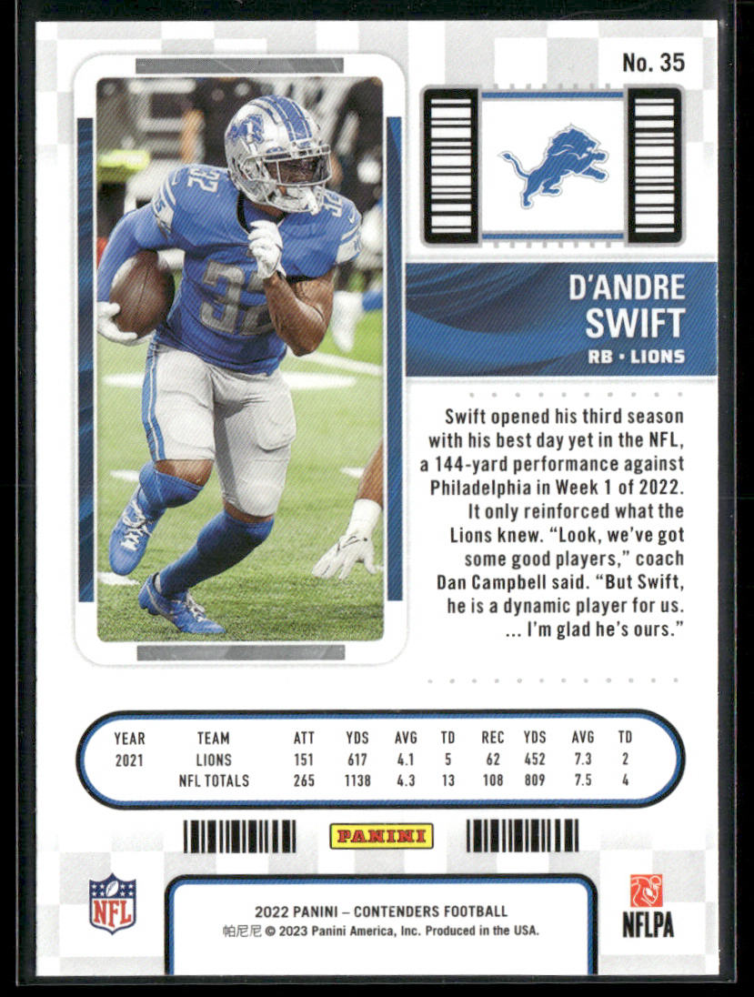 D'Andre Swift 2022 Panini Contenders #35 Detroit Lions back