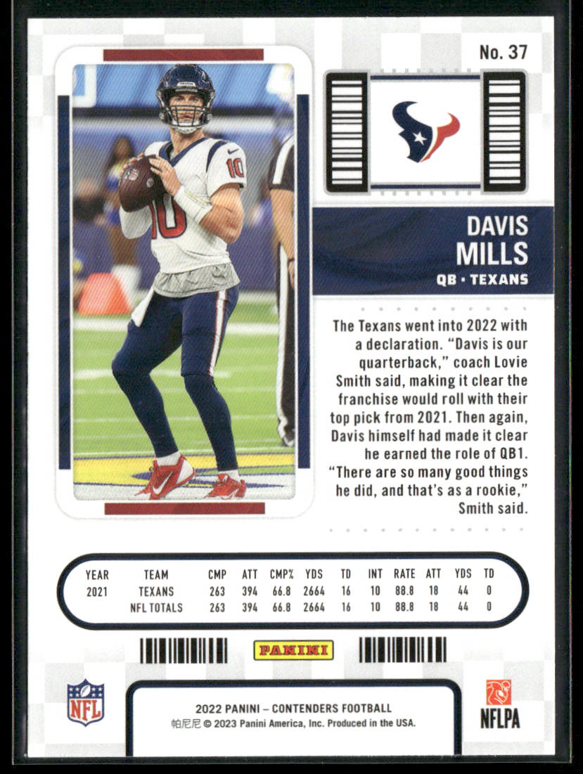 Davis Mills 2022 Panini Contenders #37 Houston Texans back