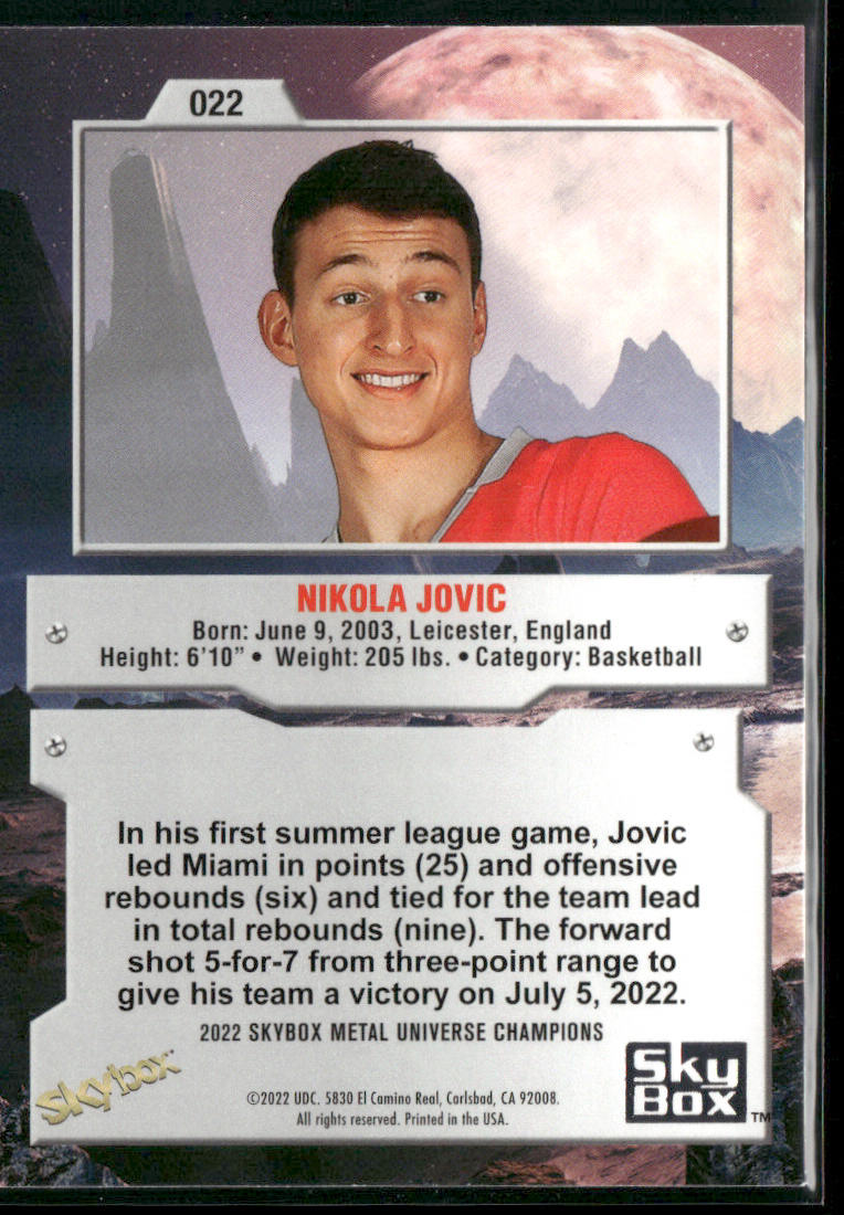 Nikola Jovic 2022 SkyBox Metal Universe Champions #022 back