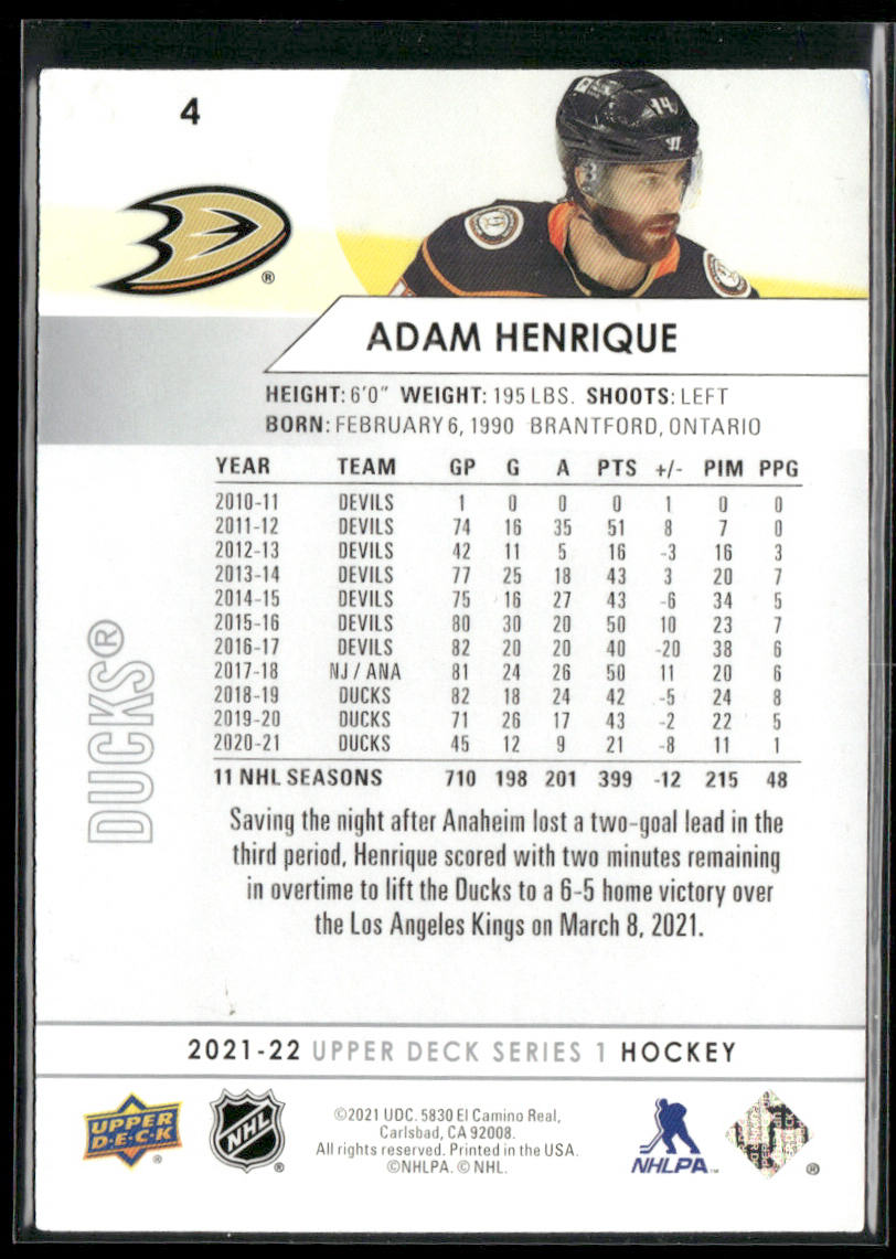 Adam Henrique 2021-22 Upper Deck #4 Anaheim Ducks