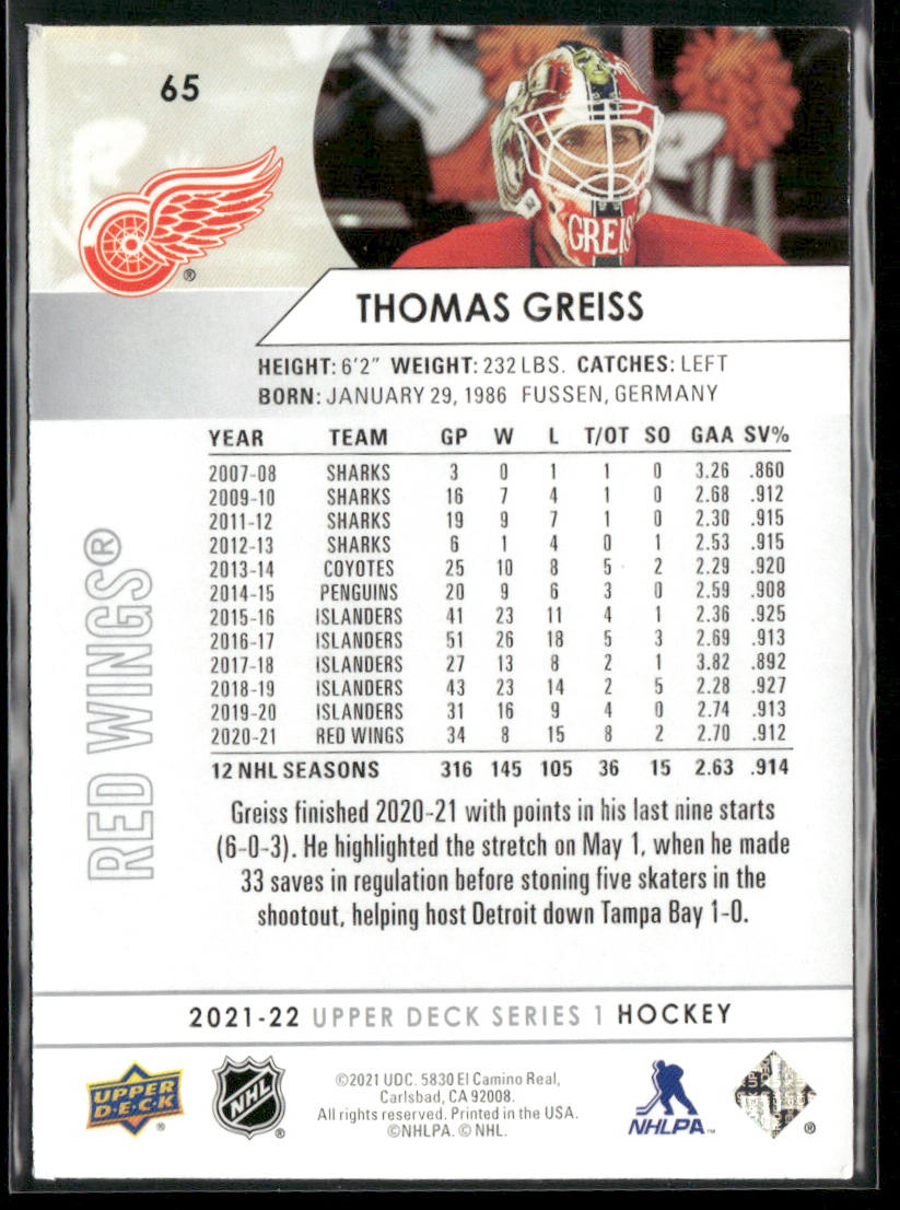 Thomas Greiss 2021-22 Upper Deck #65 Detroit Red Wings