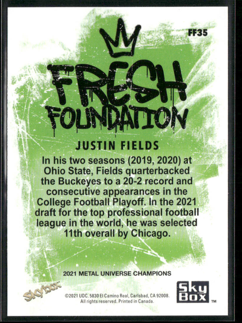 Justin Fields 2021 SkyBox Metal Universe Champions Fresh Foundation #FF35 back