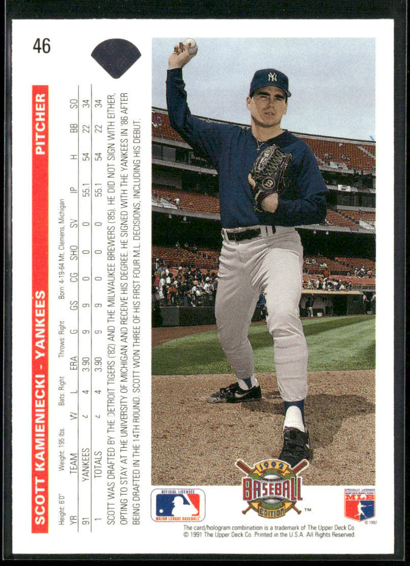 Scott Kamieniecki 1992 Upper Deck #46 New York Yankees
