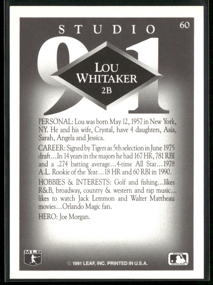 Lou Whitaker 1991 Studio #60 Detroit Tigers