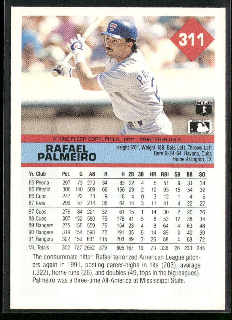 Rafael Palmeiro 1992 Fleer #311 Texas Rangers