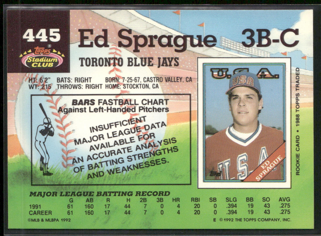 Ed Sprague 1992 Stadium Club #445 Toronto Blue Jays