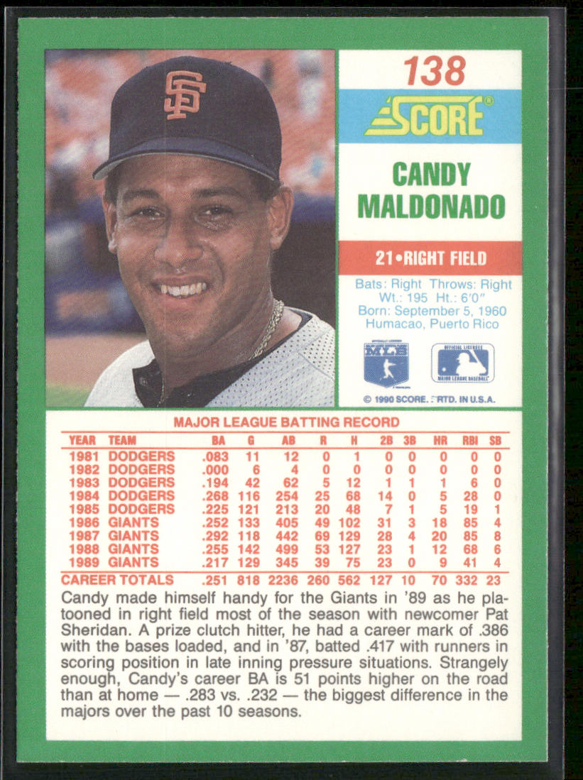 Candy Maldonado 1990 Score #138 San Francisco Giants