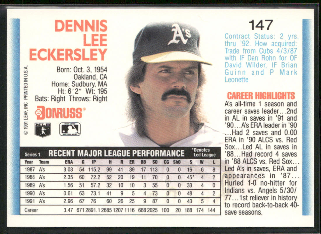 Dennis Eckersley 1992 Donruss #147 Oakland Athletics