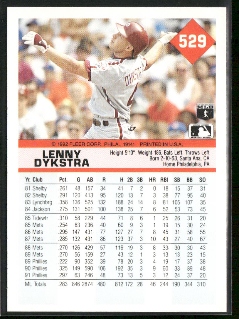Lenny Dykstra 1992 Fleer #529 Philadelphia Phillies