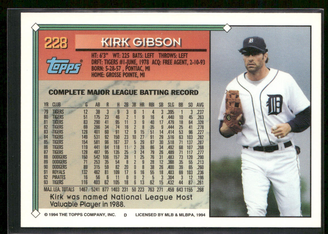 Kirk Gibson 1994 Topps #228 Detroit Tigers