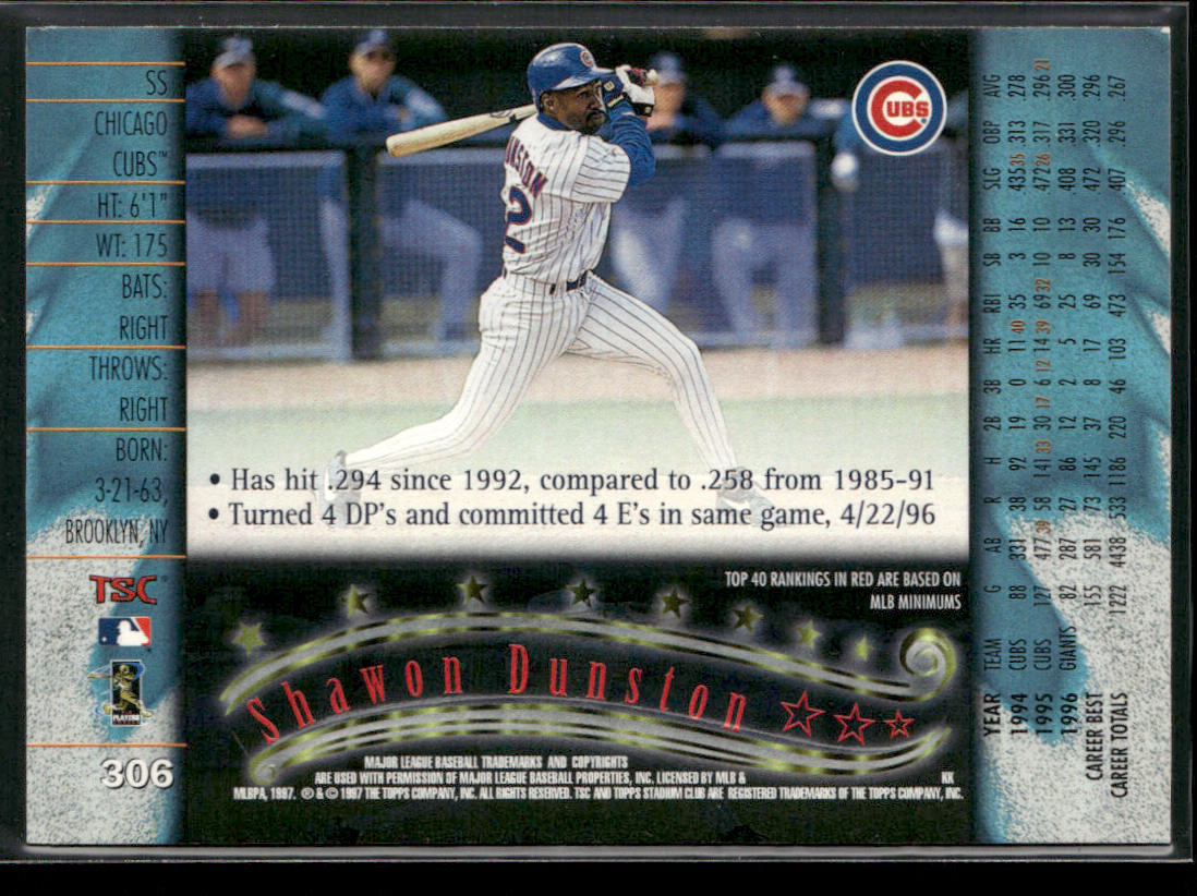 Shawon Dunston 1997 Stadium Club #306 Chicago Cubs