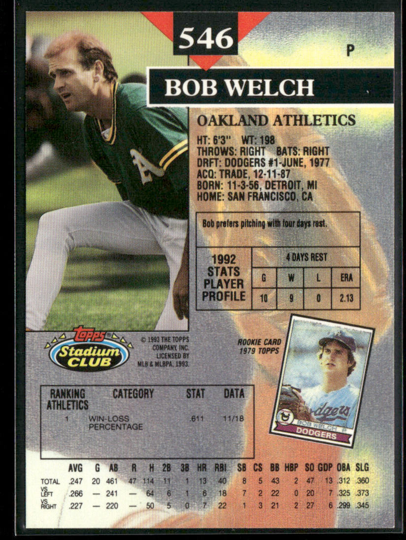 Bob Welch 1993 Stadium Club #546 Oakland Athletics