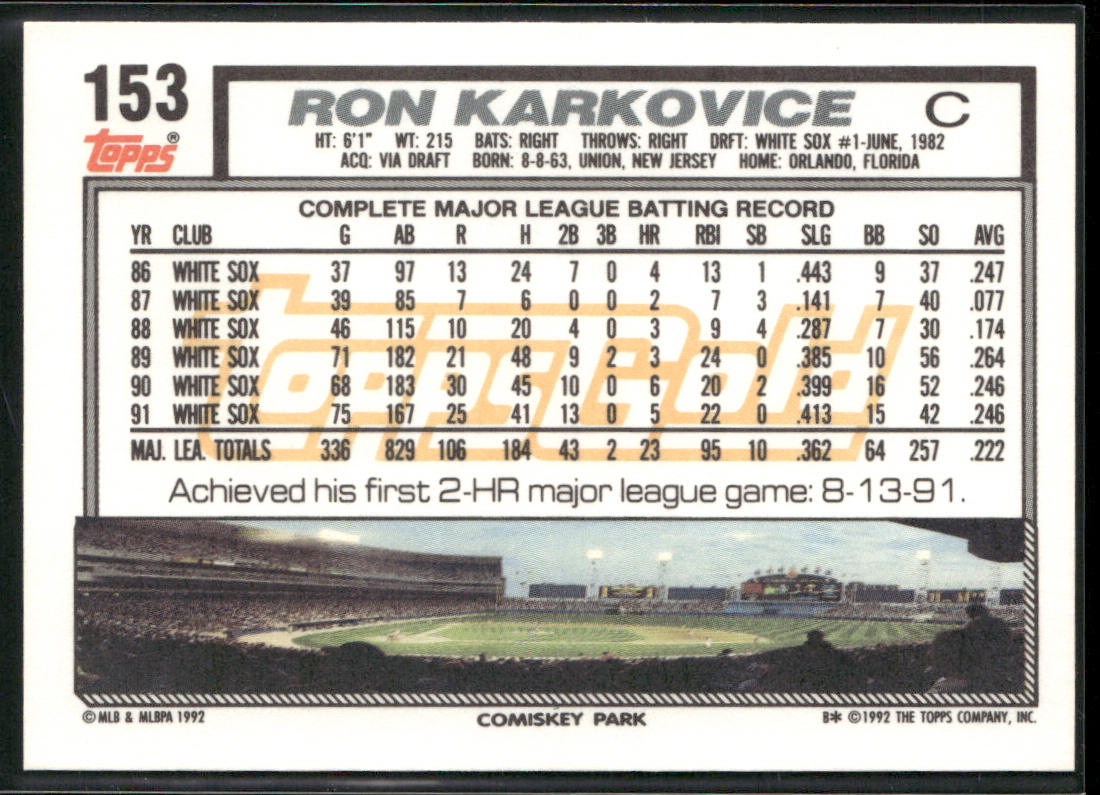 Ron Karkovice 1992 Topps Gold Winners #153 Chicago White Sox