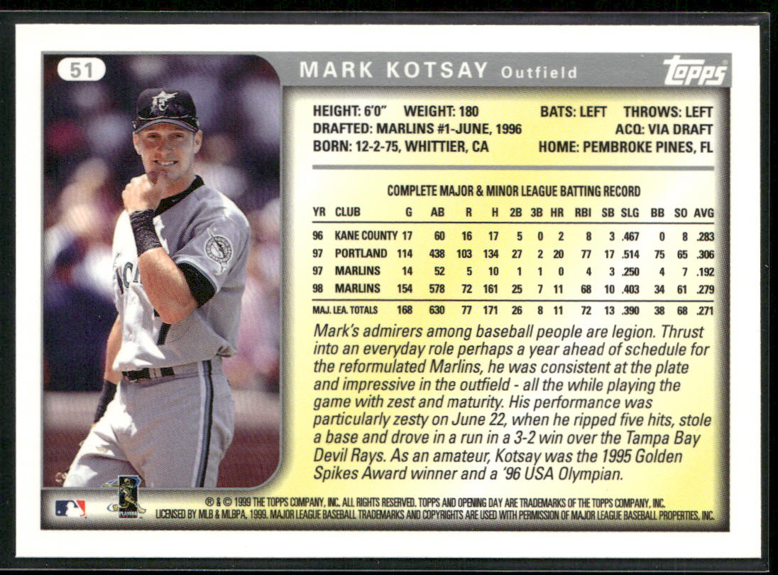 Mark Kotsay 1999 Topps Opening Day #51 Florida Marlins