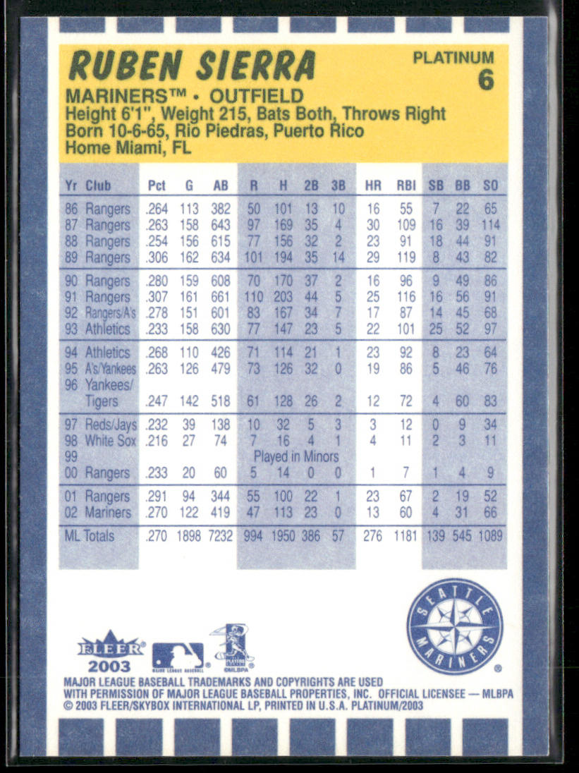Ruben Sierra 2003 Fleer Platinum #6 Seattle Mariners