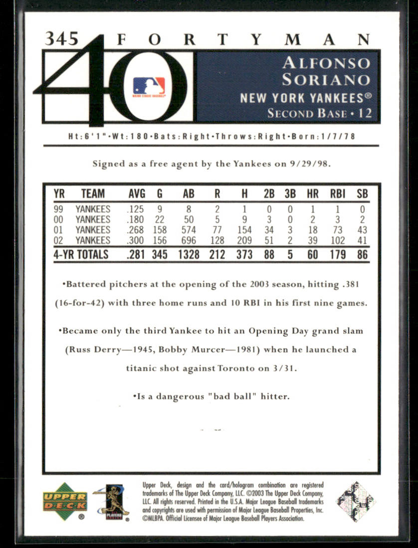 Alfonso Soriano 2003 Upper Deck 40-Man #345 New York Yankees
