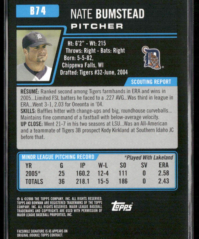 Nate Bumstead 2006 Bowman Prospects #B74 Detroit Tigers