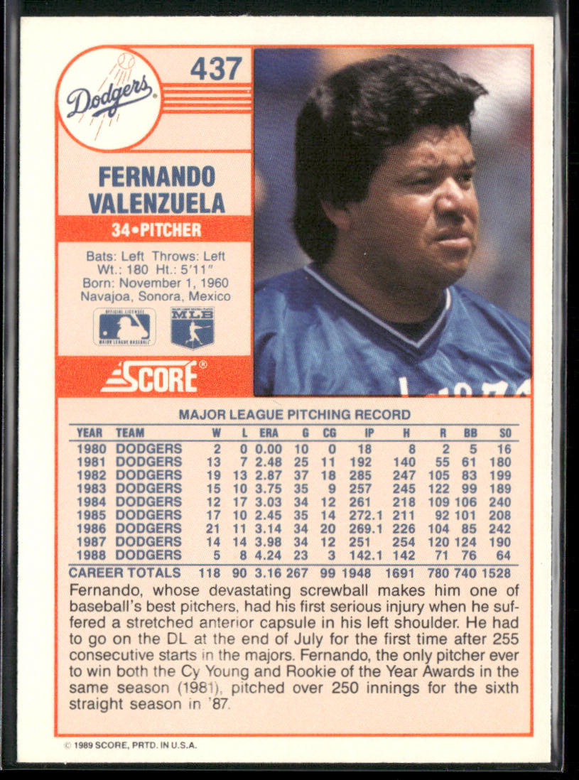 Fernando Valenzuela 1989 Score #437 Los Angeles Dodgers