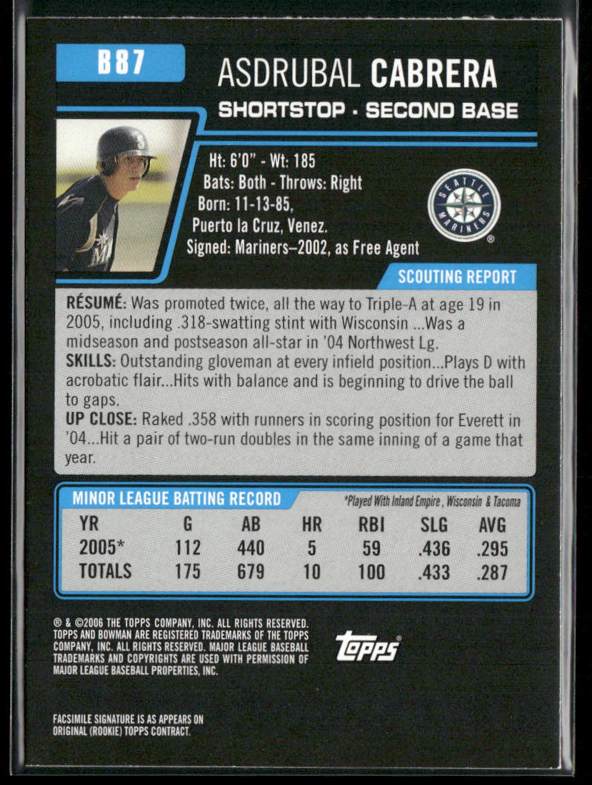 Asdrubal Cabrera 2006 Bowman Prospects #B87 Seattle Mariners