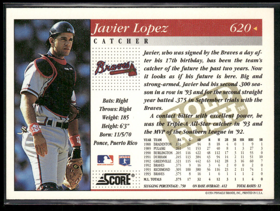 Javy Lopez 1994 Score Gold Rush #620 Atlanta Braves