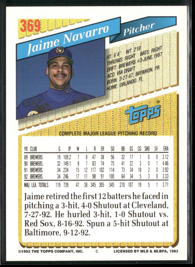 Jaime Navarro 1993 Topps #369 Milwaukee Brewers