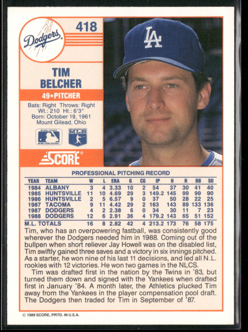 Tim Belcher 1989 Score #418 Los Angeles Dodgers