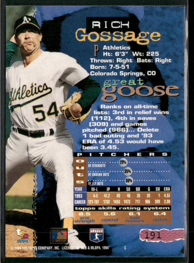 Rich Gossage 1994 Stadium Club #191 Oakland Athletics